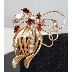 Vintage Red & White Crystal Rhinestone Flower 1/20 10Kt GF Brooch Pendant